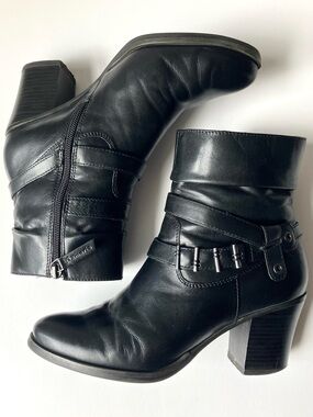 Tamaris Black Leather Side Zip Block Heel Belted Ankle Strap Boot Women Size 7.5